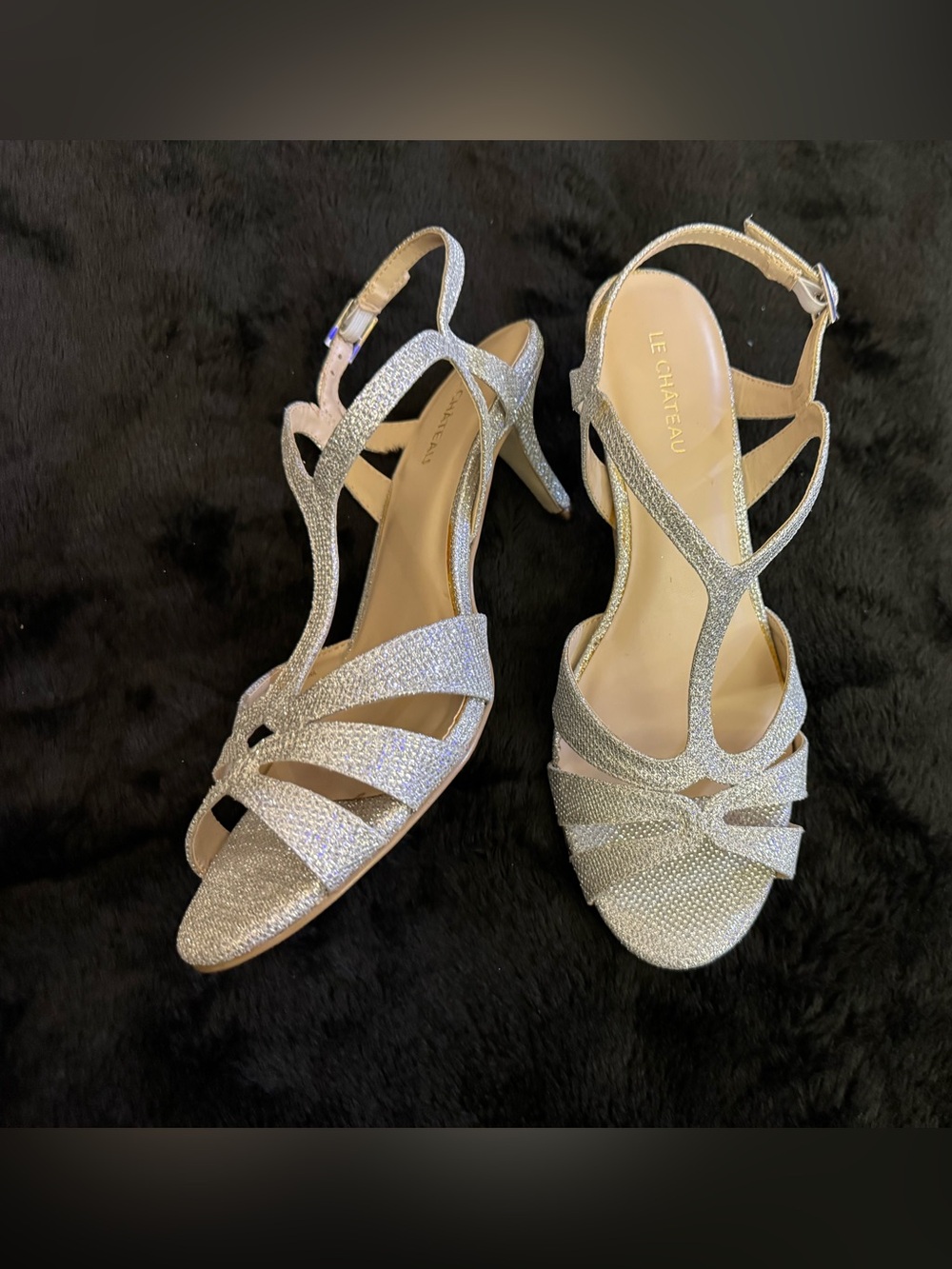 le chateau Silver Glitter Strappy T‑Heel Sandals